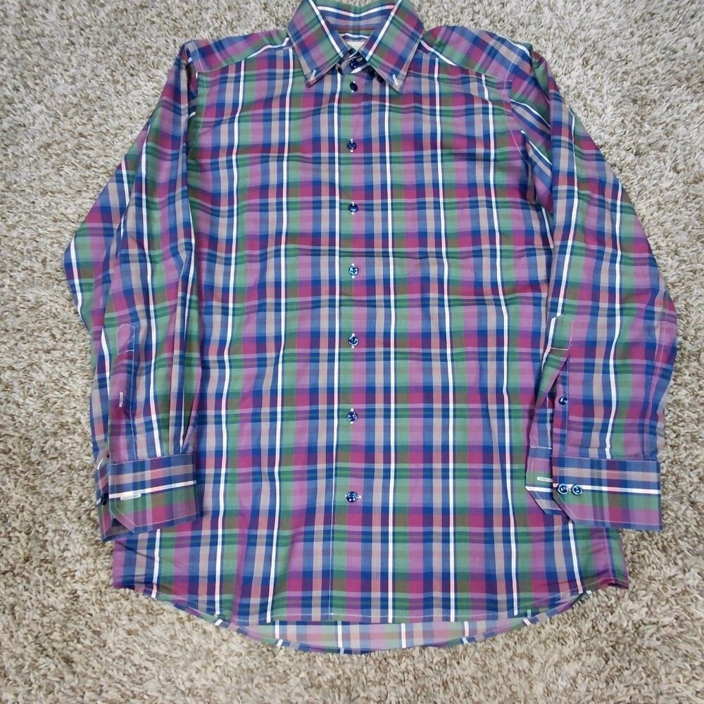 Eton Contemporary Dress Shirt Mens Medium 15.75/40 Plaid Button Up Long Sleeve